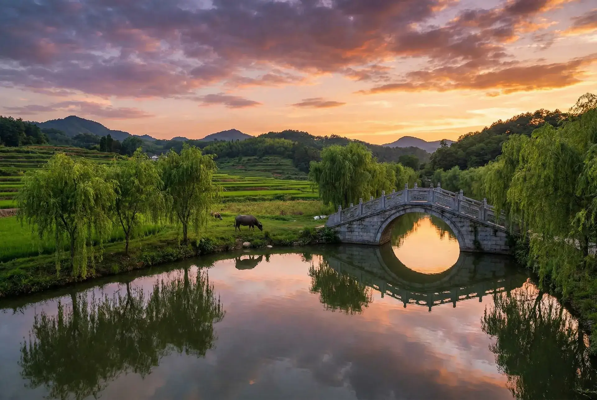 夕阳下的石拱桥与垂柳，水牛在河边吃草 - sao888 乡村美景
